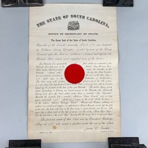 1891 South Carolina Great Seal Broadside Embossed State Wafer Seal J. C. Tindal